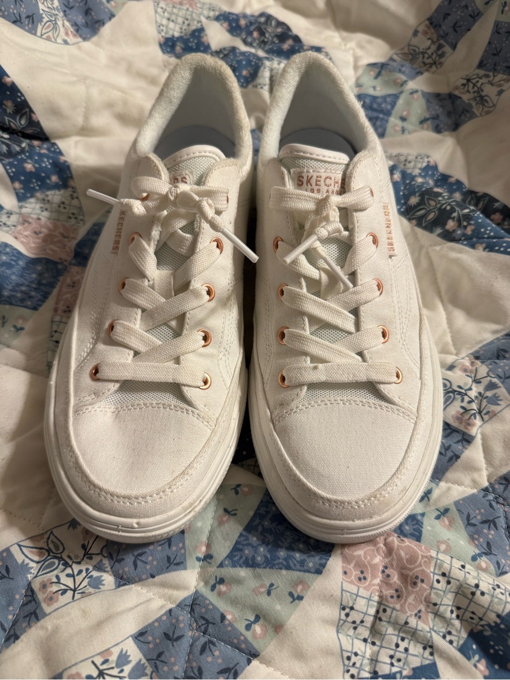 Skechers White Canvas Sneakers with Rose Gold Eyelets